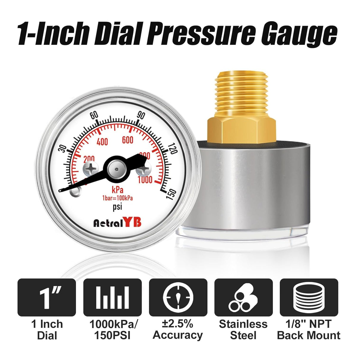 Mini 1 Inch Pressure Gauge, 0-150Psi/Kpa Dry Pressure Gauge, 1" Dial Size, 1/8 Npt Back Mount, Stainless Steel Case, for Water, Air,Oil Pressure Test