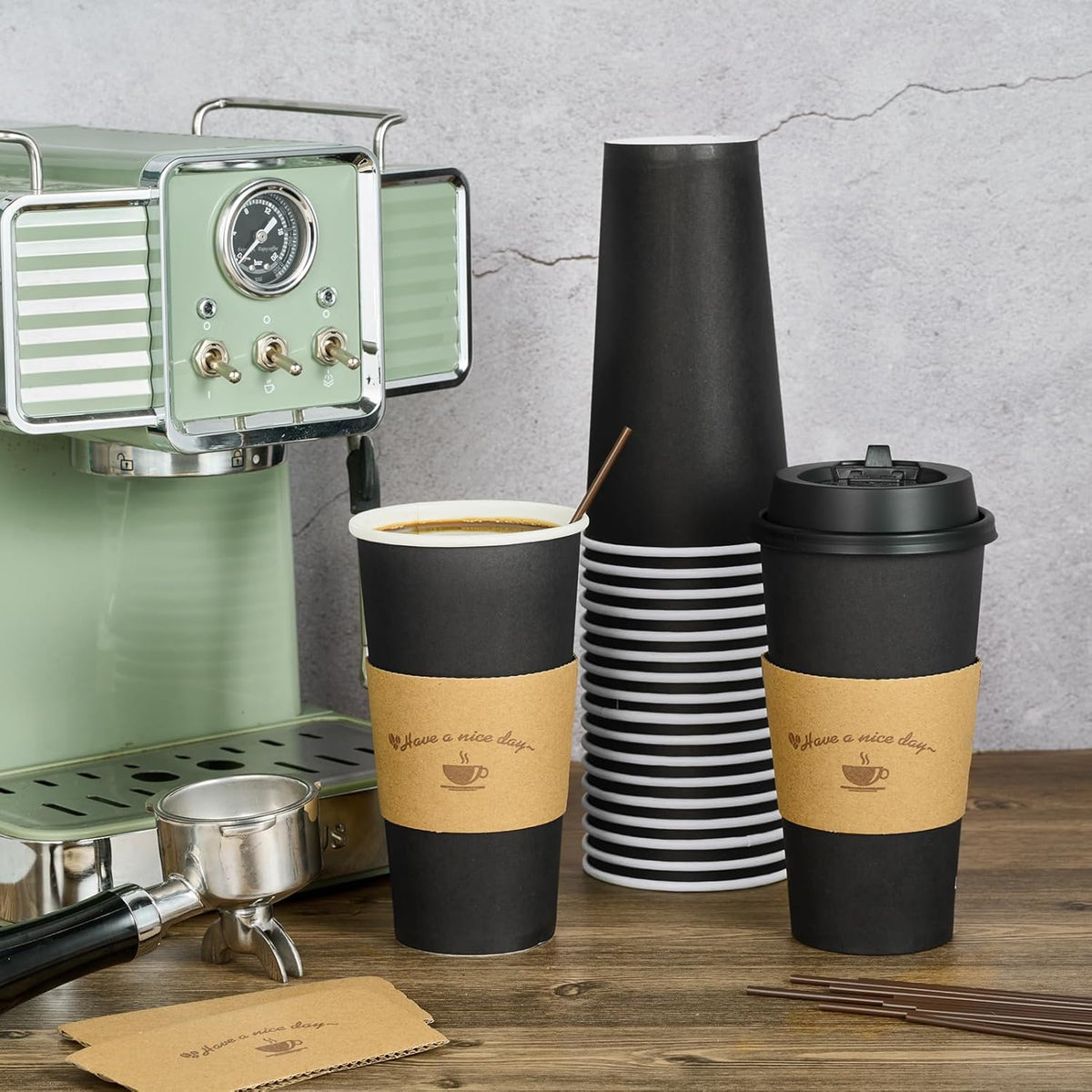 LITOPAK 50 Pack 20 oz Paper Coffee Cups for Hot Chocolate Drinks, Black Disposable Coffee Cups with Lids, Sleeves and Stirring Sticks for Parties, Picnic, Travel, and Events