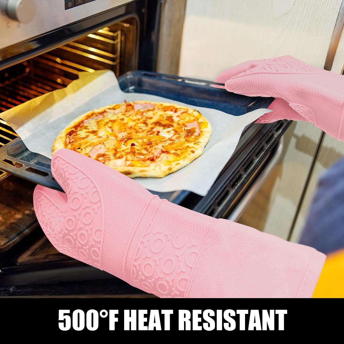 Rorecay 6pcs Oven Mitts and Pot Holders Sets for Kitchen, Extra Long Non-Slip Silicone Oven Gloves Heat Resistant 500 Degrees Potholders Hot Pads for Baking Cooking, Quilted Liner, Pink