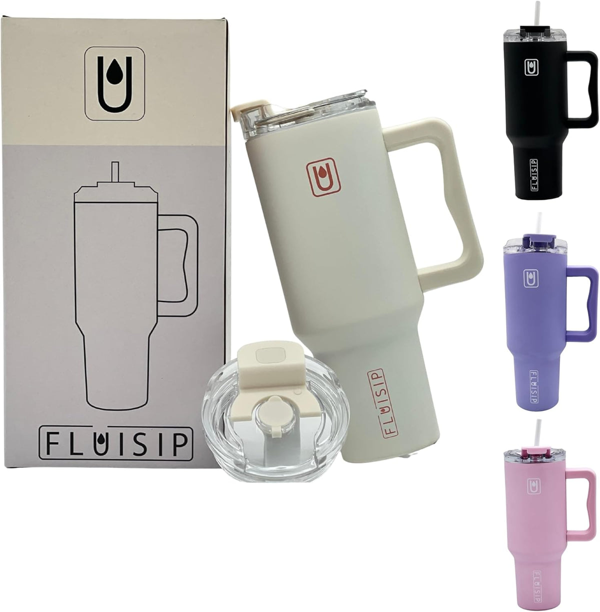 40 oz Insulated Tumbler with Handle, Stainless Steel, Leakproof Lid and Straw, Cup Holder Friendly (Cream)