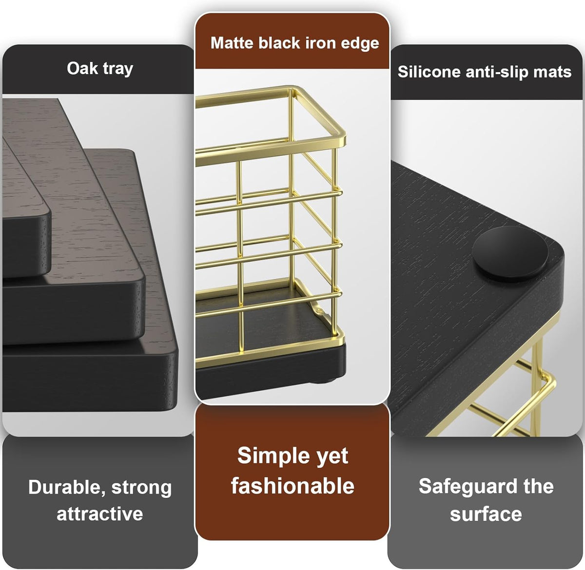 Wican Vertical Stance Bathroom Napkin Holder Takes Up Less Space for Small Guest Bathroom Oak and Iron Towel Tray for Powder Room Wooden Basket for Disposable Paper Hand Towels Golden and Black