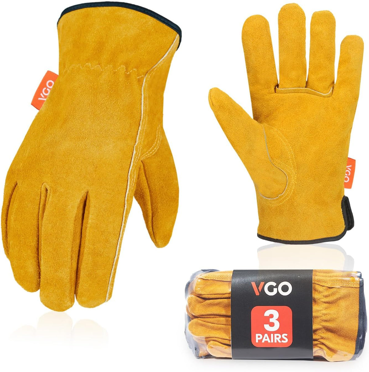 Vgo... 3-Pairs Unlined Cowhide Split Leather Work and Driver Gloves, for Heavy Duty, Truck Driving, Warehouse, Gardening, Farm (Size S, Gold, CB9501)