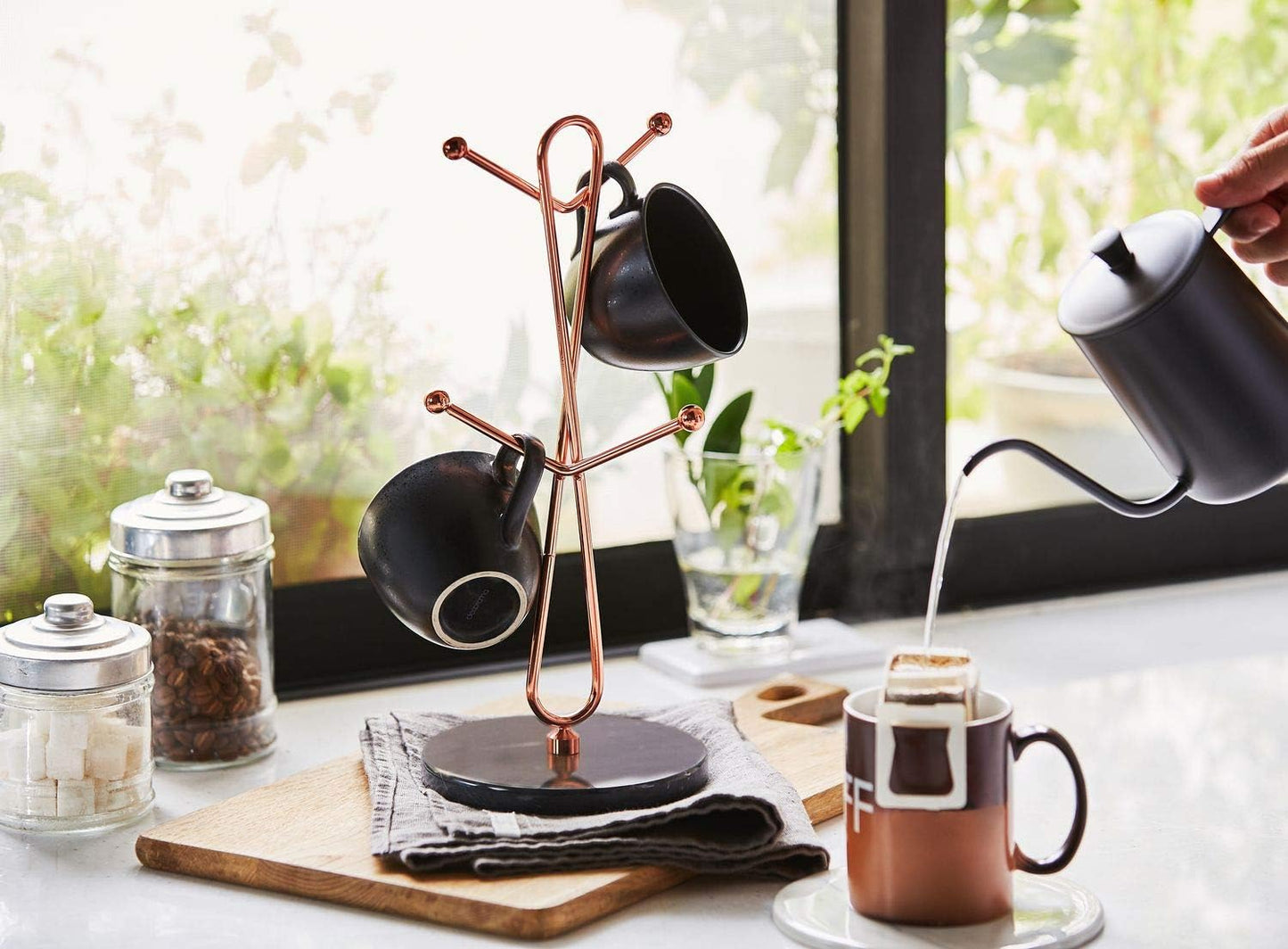 JEmarble Mug Holders with Copper Plated Standing - White Countertop Mug Tree, Coffee & Tea Cup Storage Rack, Coffee Counter Bar Accessory & Kitchen Organizer