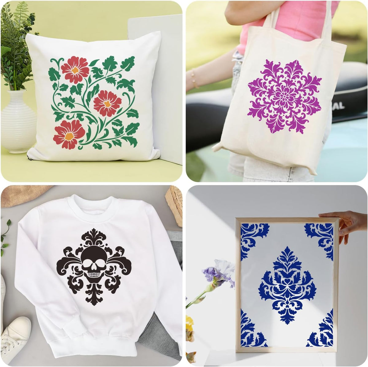 12PCS Large Mandala Stencils 12 x 12 Inch Damask Stencils for Walls Large Texture Drawing Templates with Brushes Mandala Templates for Painting on Wood Furniture Canvas Paper Fabric