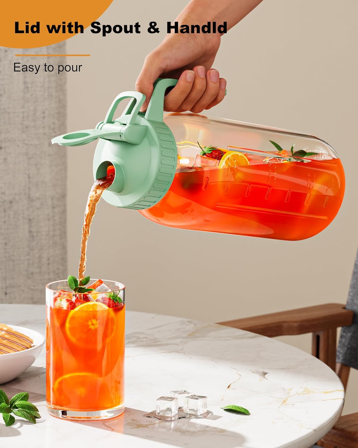 64oz Glass Mason Jar Pitcher with Lid and Spout, 2 Quart Airtight Glass Water Jug, Leakproof Wide Mouth Mason Jar Pitcher for Iced Sun Tea, Milk Storage, Cold Brew Coffee, Juice, Green