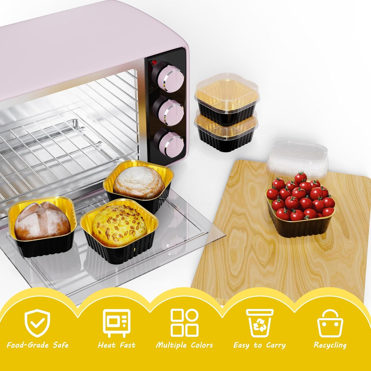 25 Pack Square Mini Cake Pans with Lids,Mini Loaf Pans with Lids,Aluminum Foil Baking Cups,Disposable Ramekins Cupcake Cups,Dessert Cups for Wedding Birthday Party,5oz (Black&Gold)
