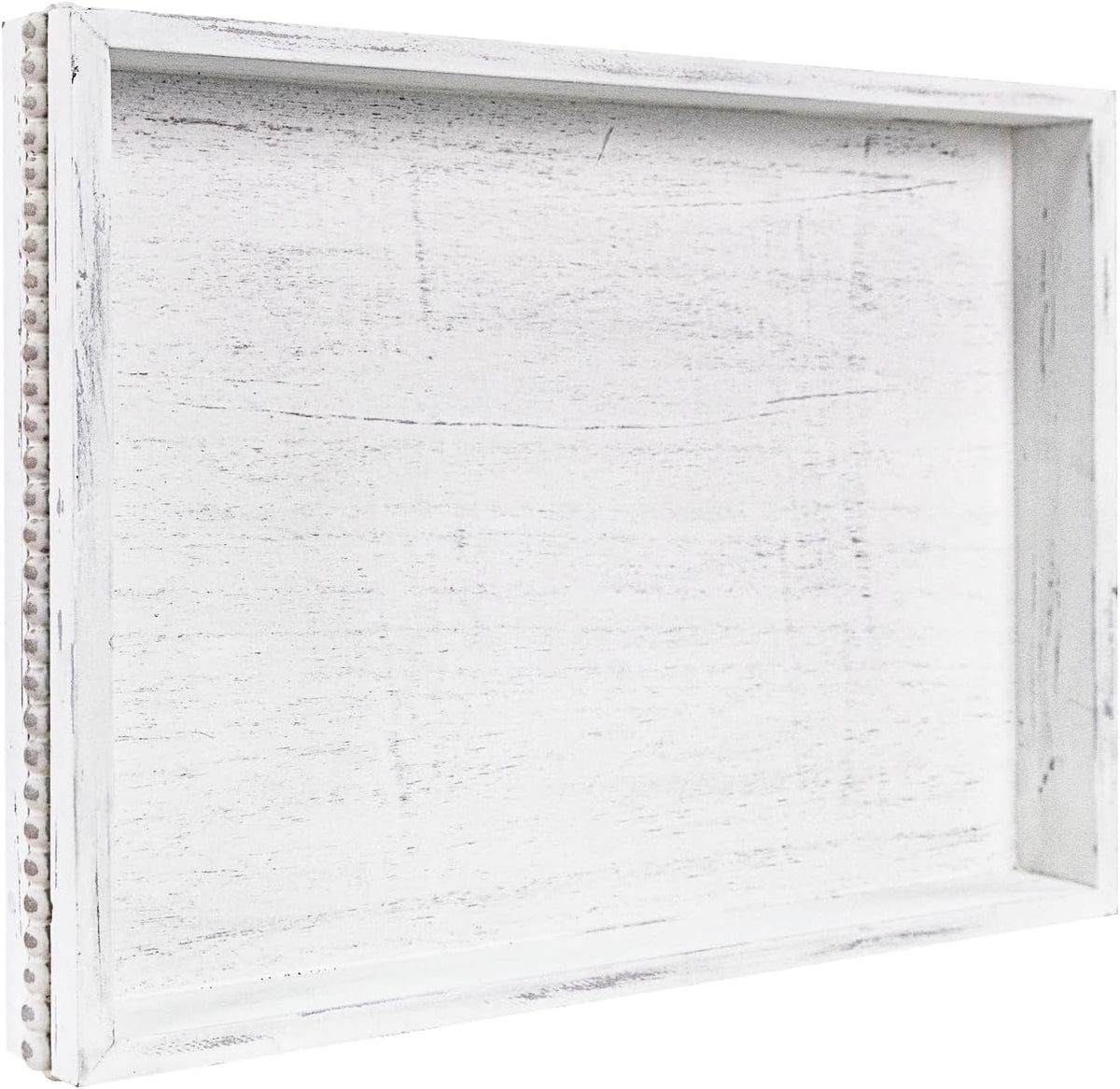 Wooden Decorative Tray, Rectangular Serving Tray with Wood Bead, Farmhouse Big Tray for Ottoman, Countertop, Coffee Tabl, 16.5" x 13"x 1.6" (Retro White)