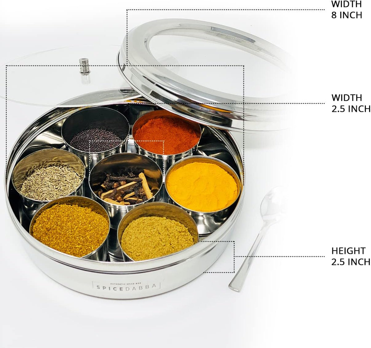 spice dabba Stainless Steel Indian Spice Box, Steel Masala Dabba, Double Lid Spice Container | Gift for Chefs | Size 8x8x2 In (Spice Box Only)