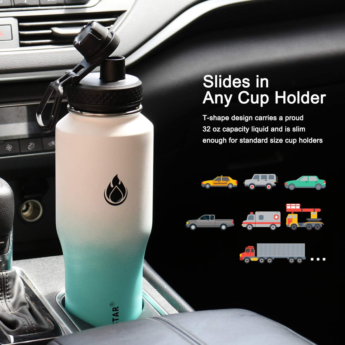 SENDESTAR Water Bottle 32oz,2 Lids(Straw lid),Wide Mouth Stainless Steel Vacuum Insulated Double Wall Keep Liquids Cold or Hot All Day,Sweat Proof Sport Design,Fit Car Cup Holder(White&Tiffany)