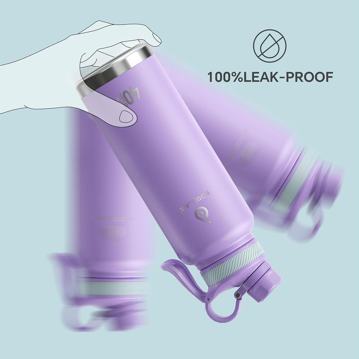 IDEUS Insulated Stainless Steel Water Bottle with 2 Leak-Proof Lids, Thermal Water Flask for Hiking Biking, 40oz, Violet