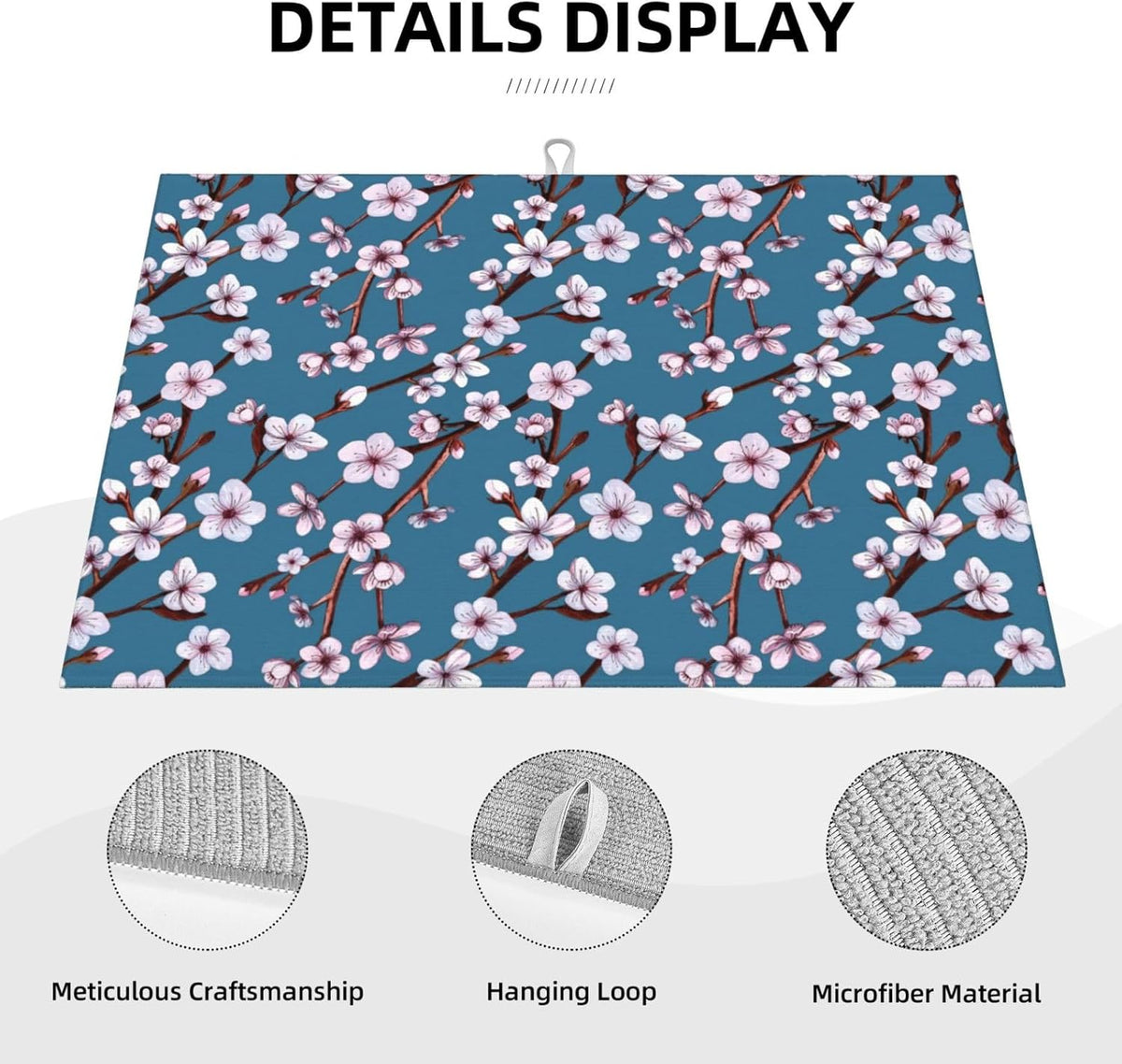 Cherry Blossom Dish Drying Mat, Branch Floral Microfiber Absorbent Drying Mats Reversible Kitchen Countertop Protector Dishes Drainer Rack Pad 18x24 Inch (Blue)