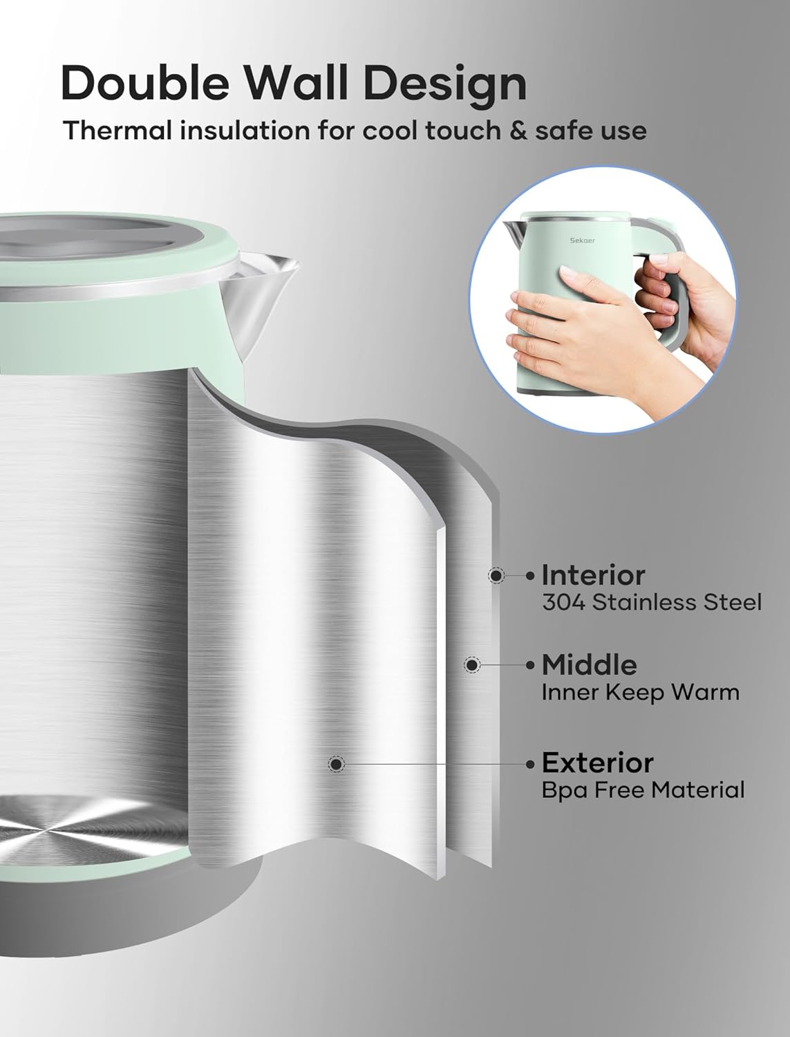 Sekaer Small Electric Tea Kettle Stainless Steel 0.8L Portable Travel Hot Water Boiler, Mini Electric Coffee Kettle with Auto Shut-Off & Boil Dry Protection, Cordless Base & Green