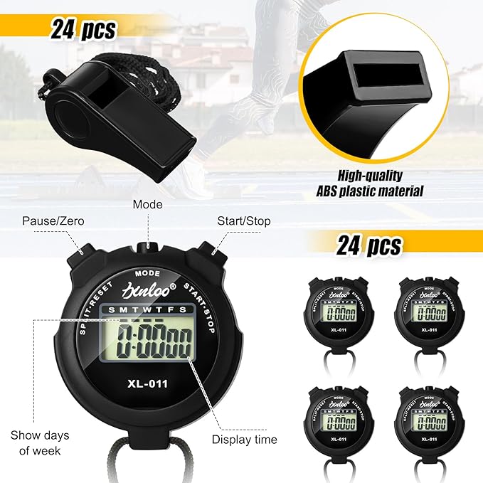 48 Pcs Digital Stopwatch Timer Plastic Whistle Bulk for Sports Coaches Referee Waterproof Watch Timer Whistle with Lanyard Multi Function Electronic Fitness Date Alarm (Black)
