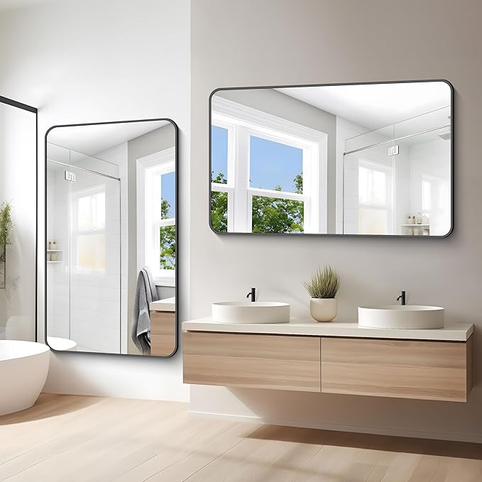 60x36 inch Large Bathroom Mirror,Black Rectangle Mirror,Wall Mounted Bathroom Frame Vanity Mirror with Round Corner for Bedroom Living Room, Entryway Hangs Horizontal or Vertical