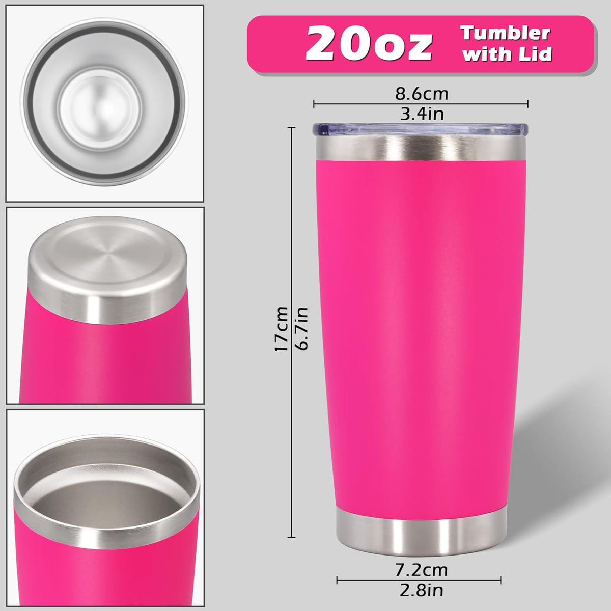 20oz Tumbler Bulk Stainless Steel Tumblers with Lid Vacuum Insulated Double Wall Travel Coffee Mug Powder Coated Tumbler Cup for Hot and Cold Drinks(Hot Pink, 12 pack)