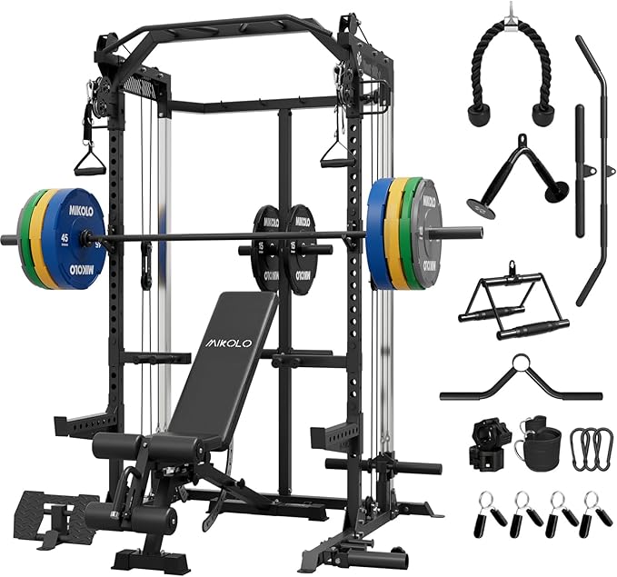 Mikolo Power Cage, 2000LB Power Rack with Independent Dual Pulley System, Multi-Function Home Gym Workout Machine for Cable Crossover
