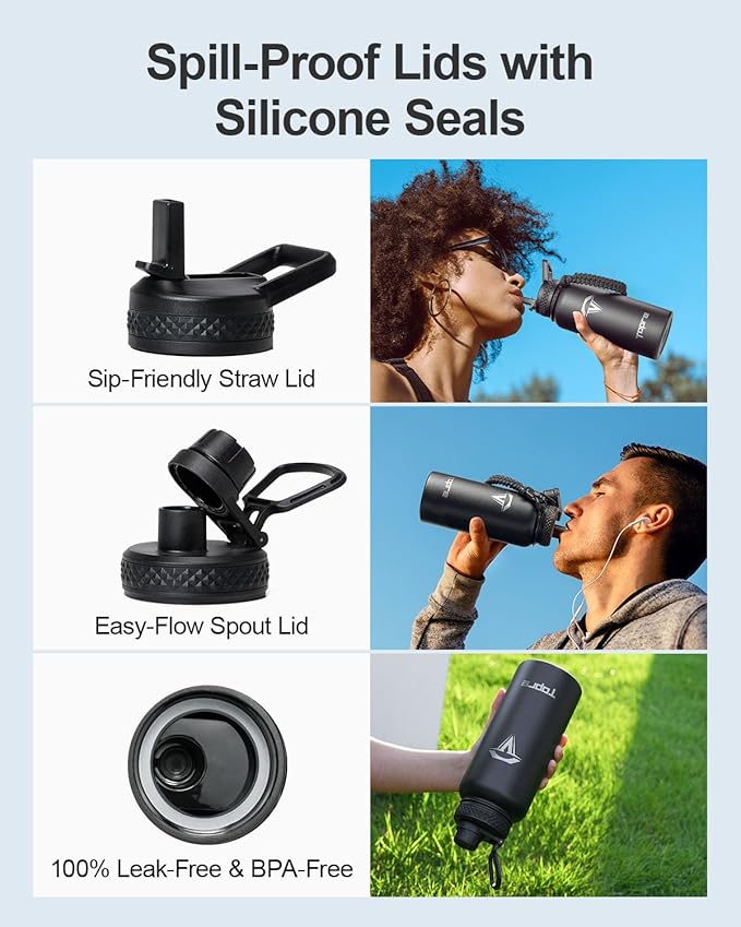 32oz Insulated Water Bottle,Stainless Steel Vacuum Water Bottle, BPA-Free & Leakproof -with Paracord Handle,Strap,Straw Spout Lids,Large Water Jug for Gym Sports