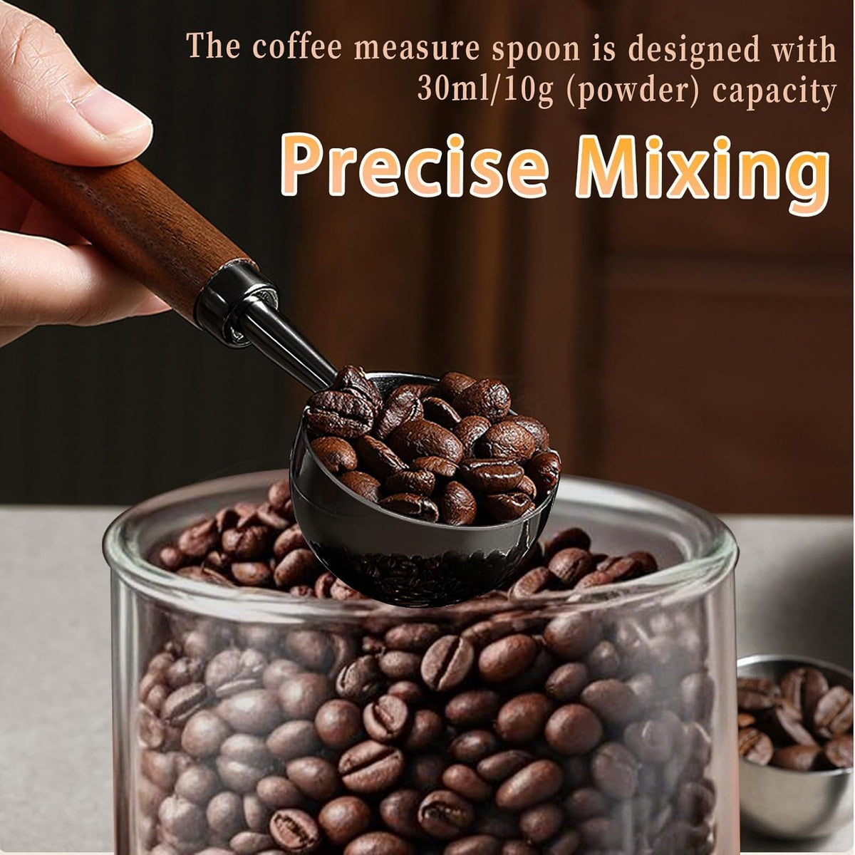 1pcs Coffee Scoop for Ground Coffee, Beans and Tea，Vintage Coffee Measuring Spoon with Long Wooden Handle 30ml/10g Capacity 304 Stainless Steel（Black)