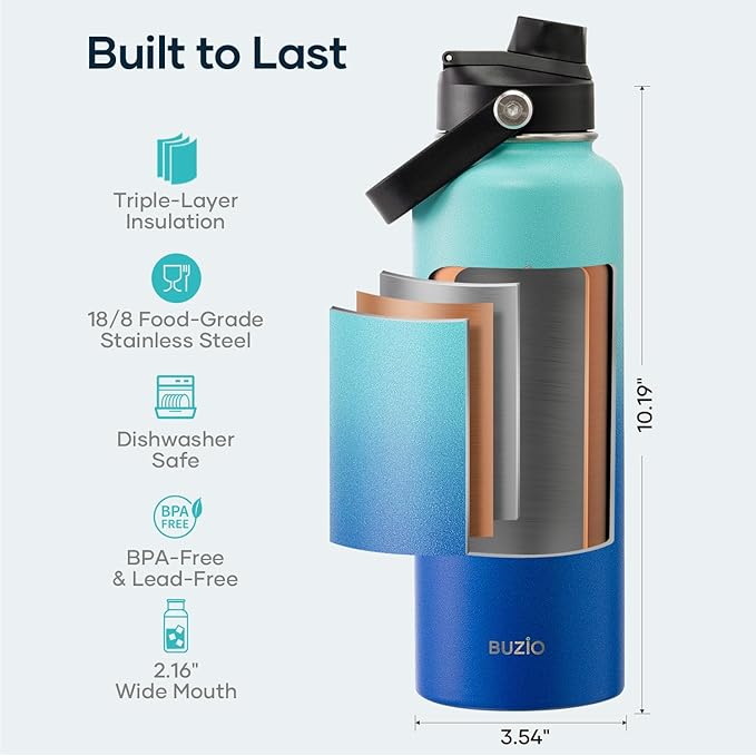 BUZIO Insulated Water Bottle with Straw, 40 oz Stainless Steel Sports Wide Mouth Water Bottle, BPA-Free Flex Cap and Straw Lid, Wide Mouth BPA-Free Sweat-Proof Sports Water Flask, Keep Hot Cold