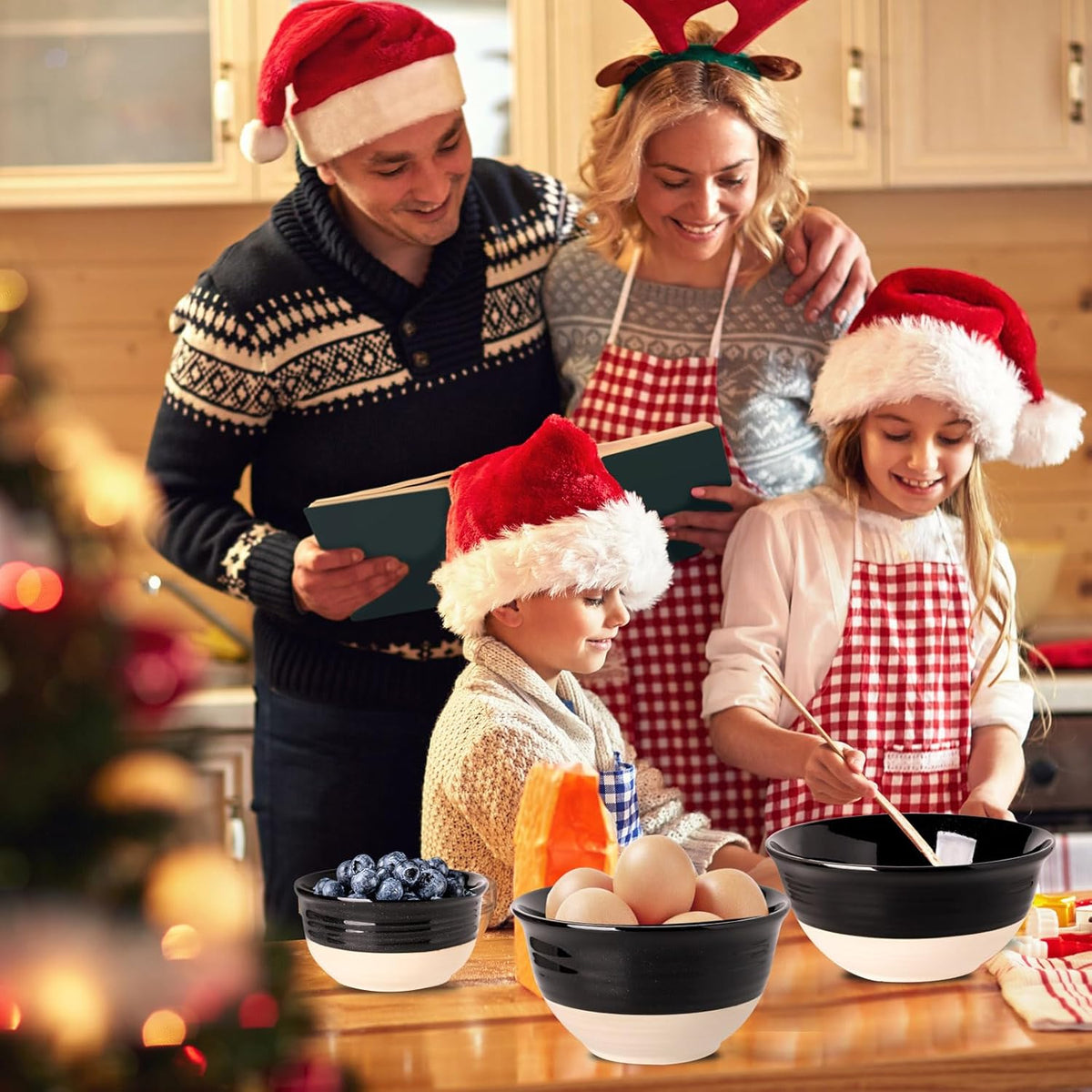 Hasense Porcelain Mixing Bowls for Kitchen, 84/40/20 Oz Large Salad Serving Bowls Set of 3, Unique Thanksgiving Bowls Set for Entertaining Cooking Baking Serving Food, Nesting Bowls, Black