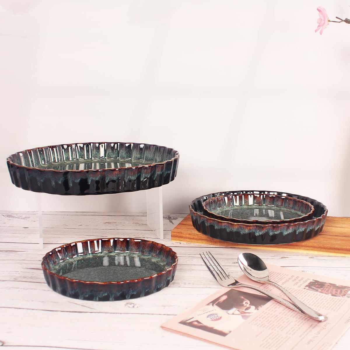 Ceramic Pie Pan Quiche Baking Dish, 9 Inch Round Ruffled Edge Au Gratin Baking Dishes, 27 Ounces Non-Stick Pie Dish, Tart Pan, Pie Plate for Apple, Oven, Dishwasher and Microwave Safe
