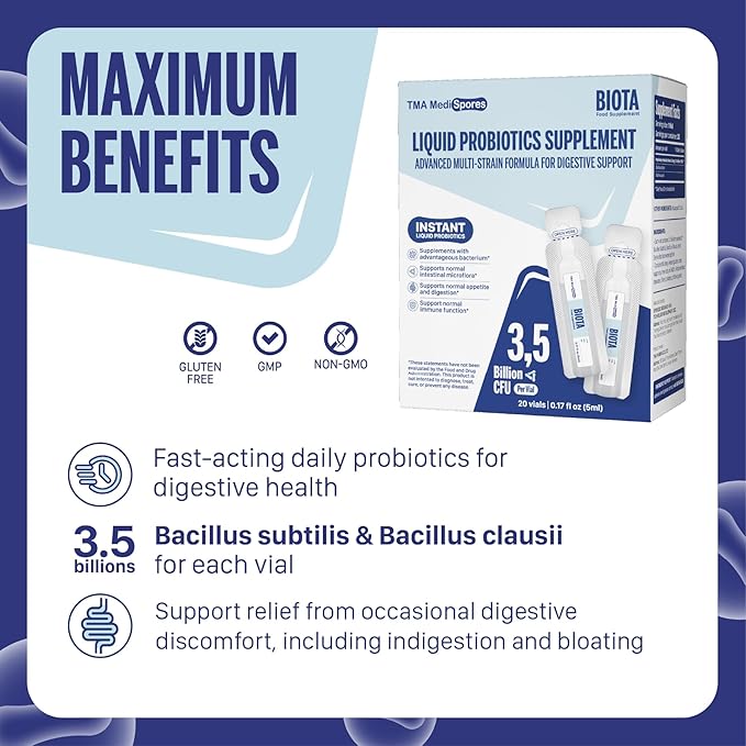 Biota Probiotic Drinks for Digestive Health & Immune Support,Fast Acting Support Stomach Constipation, Digestive Daily Probiotic for Adults, Kids, Gluten, Sugar Free & Non-GMO, 20 Servings