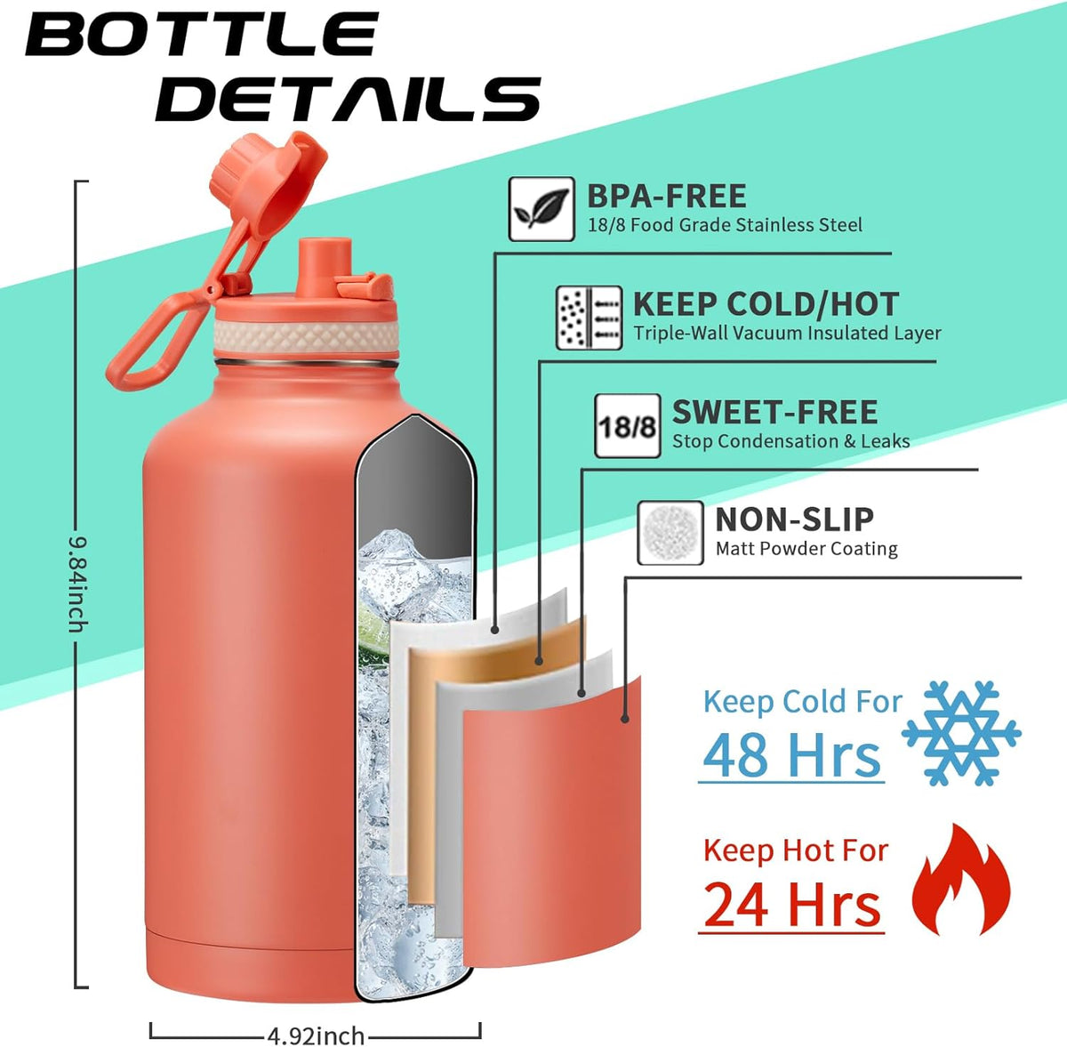 64oz Insulated Water-Bottle with Strap - Half Gallon Water Jug with Straw & Spout Lid, 2 Liter Stainless Steel Water Bottle Leak Proof, Cold-48h Hot-24h Metal Flask w/Paracord Handle, Carrier Case