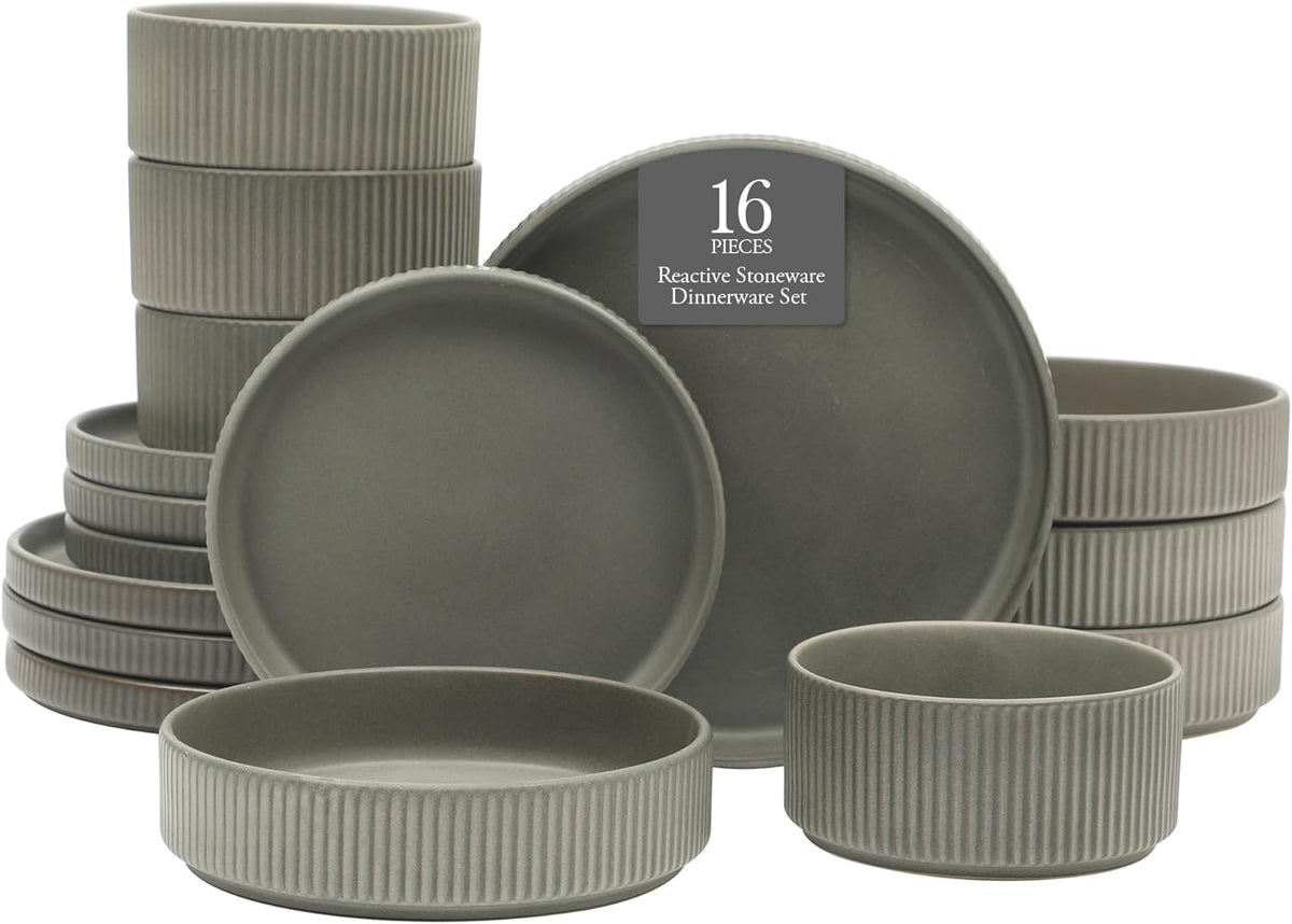 Gibson Elite Deerfield 16-Piece Stoneware Dinnerware Set – Soft Grey Reactive Glaze, Stackable Plates and Bowls, Service for 4 – Microwave & Dishwasher Safe