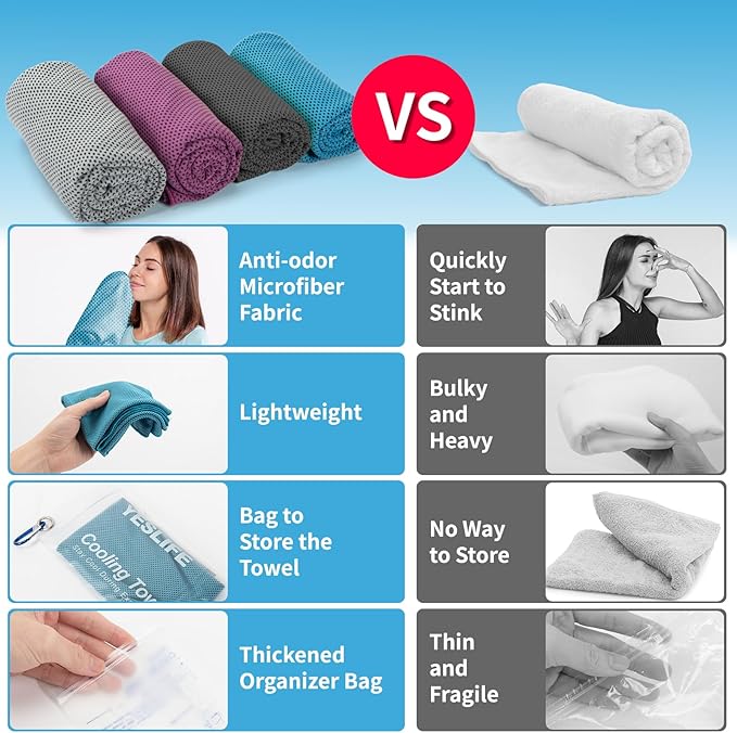 YESLIFE 4 Pack Cooling Towel 40"x12", Gym Towels for Men and Women, Soft Breathable Workout Towels for Yoga, Running, Sport, & More (Blue, Grey, Purple, Black)