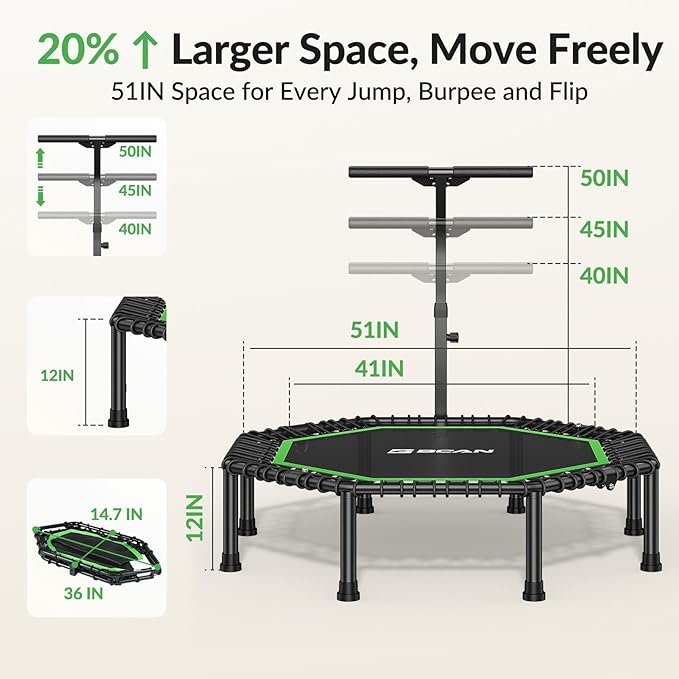 BCAN 51" Octagonal Mini Trampoline, Max Load 450 LBS Fitness Trampoline with T-Adjustable Handle Bar, Silent Bungees, Larger, More Stable, Quieter Exercise Rebounder for Adults Indoor/Garden Workout