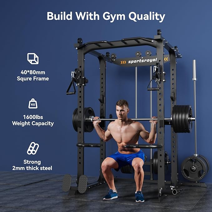 Sportsroyals Power Cage,1600lbs Multi-Function Power Rack with Adjustable Cable Crossover System and More Training Attachment, Weight Cage for Home Gym