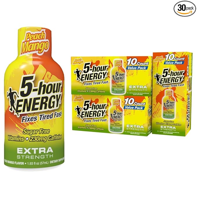 5-hour ENERGY Extra Strength Energy Shot, Peach Mango Flavor, Zero Calories & Sugar-Free 230 mg Caffeinated Shot, Amino Acids & B Vitamins, Dietary Supplements, 1.93 oz., 30 Count
