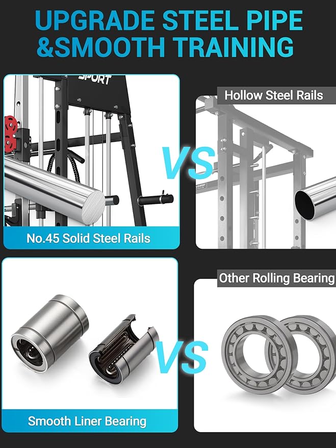 Smith Machine, Power Cage Squat Rack with Cable Crossover, Dual Pulley System, Pull-Up Bar, Home Gym Workout Equipment with Attachments for Strength Training and Weightlifting