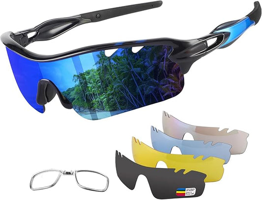 BangLong Polarized Sports Sunglasses Cycling Sun Glasses for Men Women with 5 Interchangeable Lenes for Running Baseball Golf