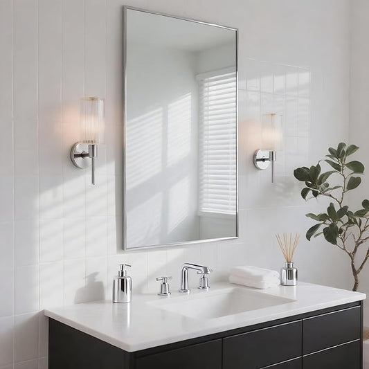 20x36 Inch Nickel Bathroom Mirror for Wall, Aluminum Frame Rectangle Rectangular Vanity Mirror, Modern Large for Bedroom, Living Room, Horizontal or Vertical