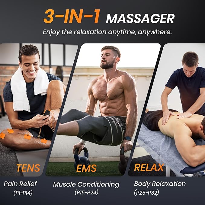 3-in-1 TENS Unit with 32 Modes, Dual Channel EMS Muscle Stimulator with 40 Intensities for Gradual Pain Relief Therapy, Rechargeable Electronic Pulse Massager with 12 Electrode Pads, EVA Case
