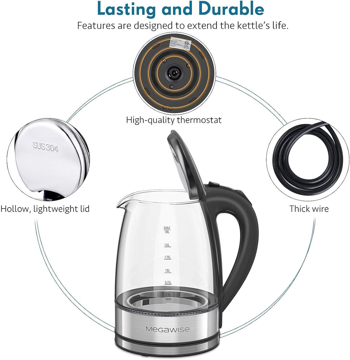 MegaWise Electric Kettle, 1.8L Borosilicate Glass Tea Kettle with LED Light, Auto Shut-Off and Boil-Dry Protection Cordless Kettle Fast Boiling