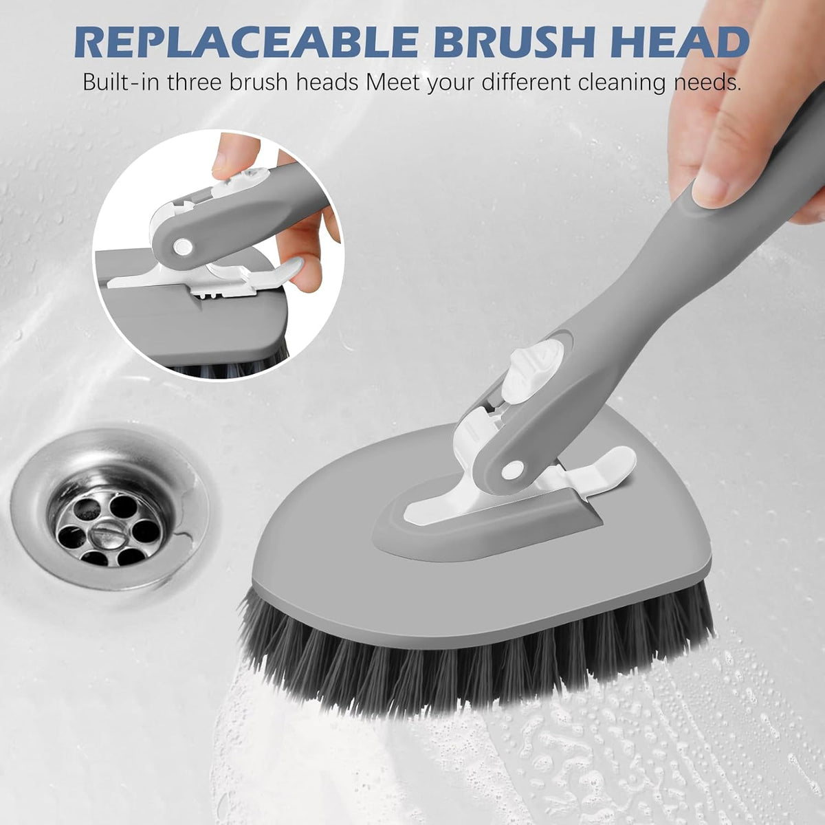 SetSail Floor Scrub Brush, 3-In-1 Tile Tub Floor Scrubber with 52-inch Adjustable Long Handle Shower Cleaner Brush and 3 Detachable Replacement Brush Heads for Cleaning Bathroom Kitchen Tub Tile, Grey
