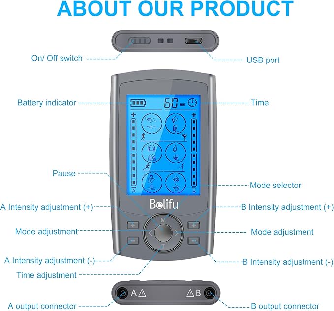 Belifu Dual Channel TENS EMS Unit 24 Modes Muscle Stimulator for Pain Relief Therapy, Electronic Pulse Massager Muscle Massager with 10 Pads, Dust-Proof Drawstring Storage Bag, Fastening Cable Ties