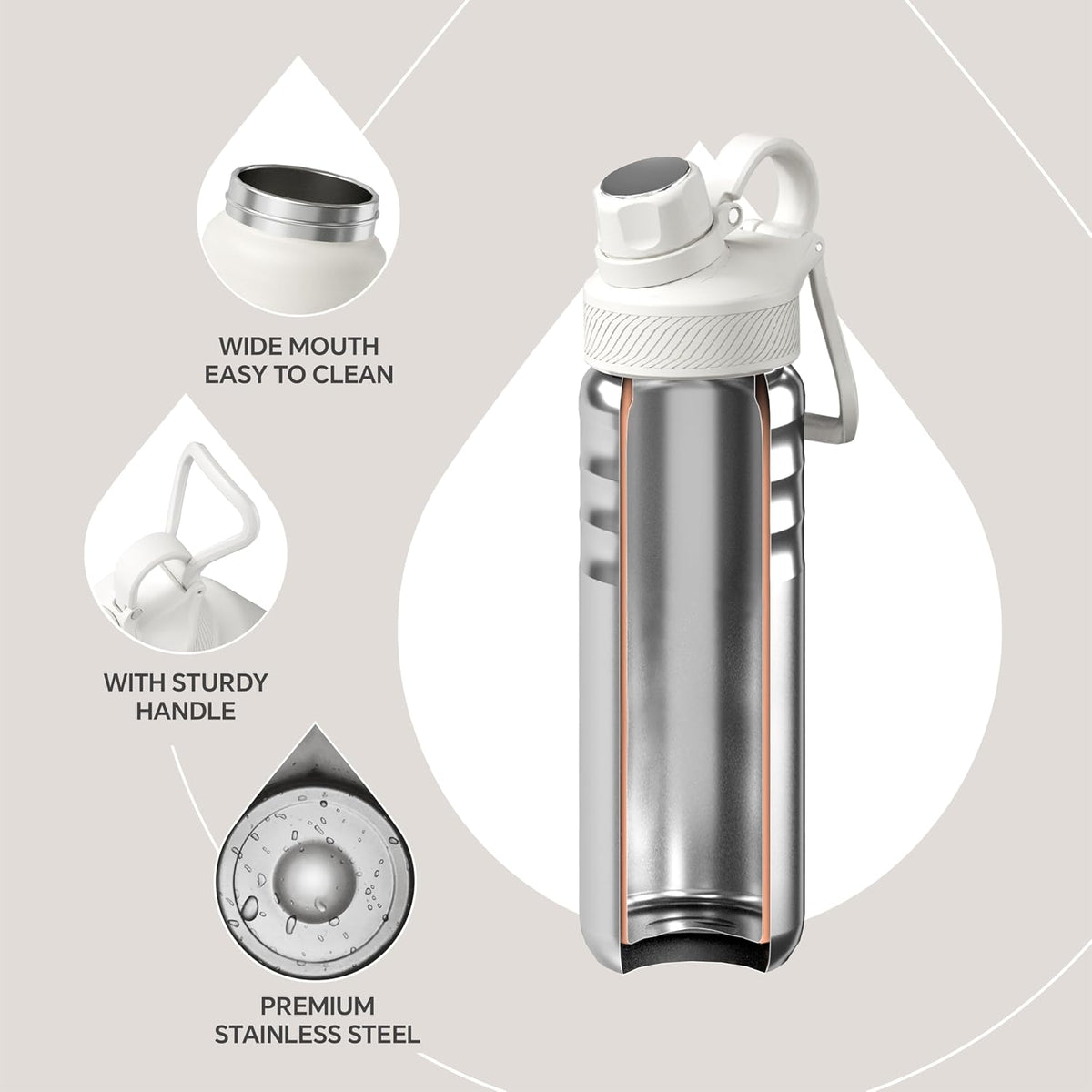 IDEUS Insulated Stainless Steel Water Bottle with 2 Leak-Proof Lids, Thermal Water Flask for Hiking Biking, 24oz, White