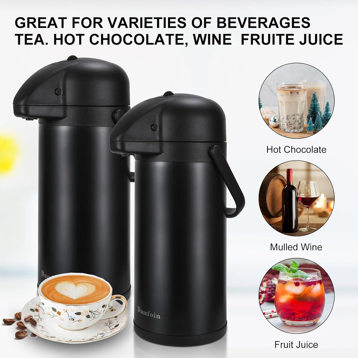 Updated Airpot Coffee Dispenser with Pump, 64 OZ Insulated Thermal Coffee Carafe for Keeping Hot - Cold Water, Party Chocolate Drinks & Stainless Steel Thermos Urn Large Thermal Hot Drink (Black)