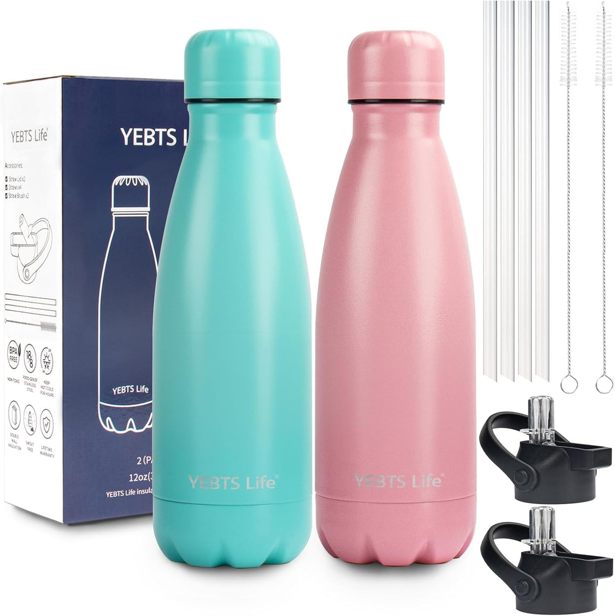 Insulated Water Bottle, 2 Pack-12oz Stainless Steel Water Bottles with straw lid, Metal Sports Water Bottles for Boys,Girls, Double Wall Vacuum BPA-Free Flask for School,Sports (Pink-Green)