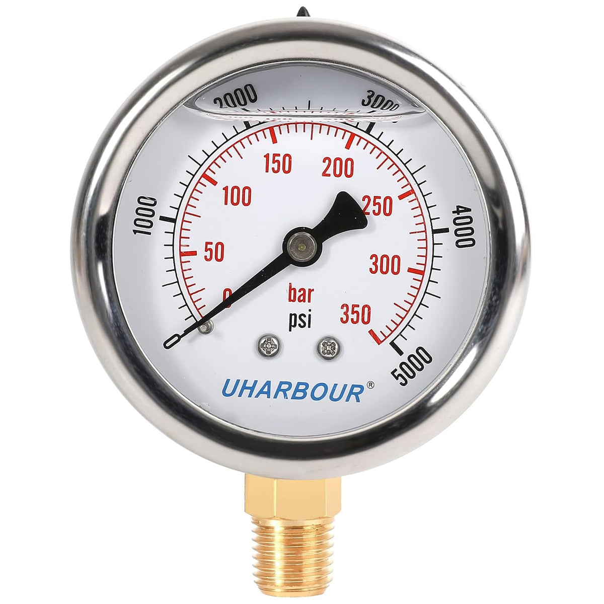 Glycerin Filled Pressure Gauge 5000psi/350bar, Stainless Steel case, Brass Inside Construction, 2-1/2" dial, 1/4" NPT Rear Connection.
