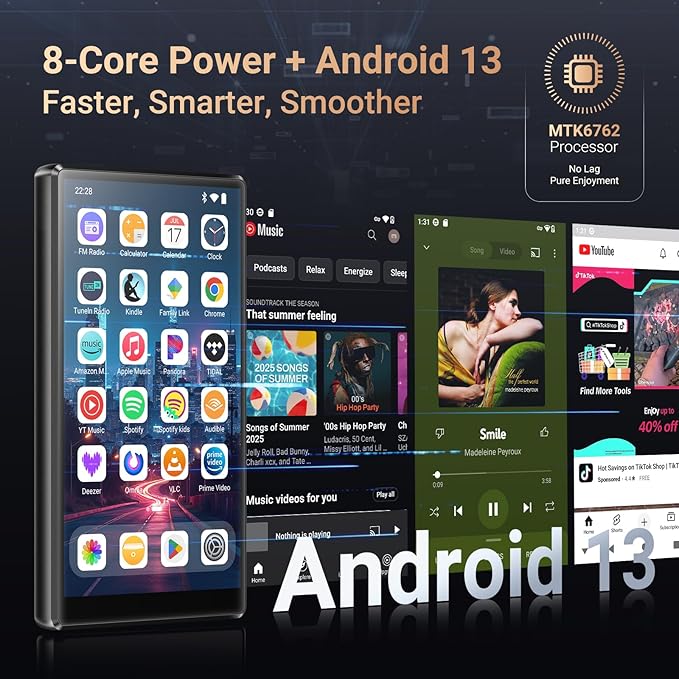 128GB MP3 Player with Bluetooth WiFi, Android 13 OS MP3 & MP4 Player with 5" Touchscreen and Speaker, 4GB RAM & 128GB ROM, Spotify Music Player with Audible, FM Radio, Amazon Music, Play Store