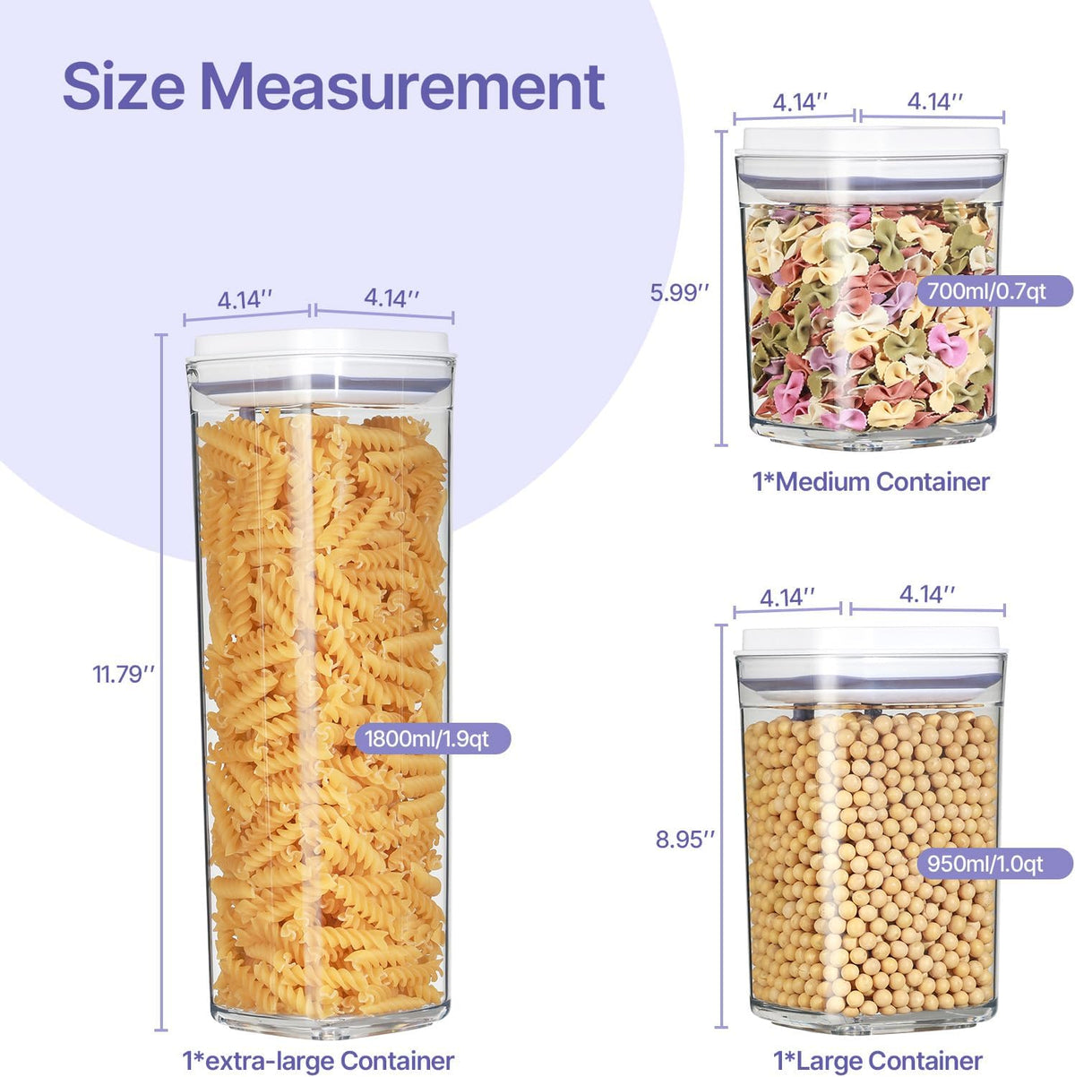 Food Airtight Containers storage with Lids 3 Pack One Button Open/POP UP/Kitchen Storage Organization for Coffee Tea Brown Sugar Cereals 700ml/950ml/1800ml