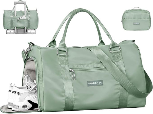 FIORETTO Womens Gym Tote Duffle Bag with Toiletry Bag, Sports Duffel Overnight Hospital Workout Carry on for Girls with Wet Pocket & Shoe Compartment, Ideal for Travel, Swimming, Celadon