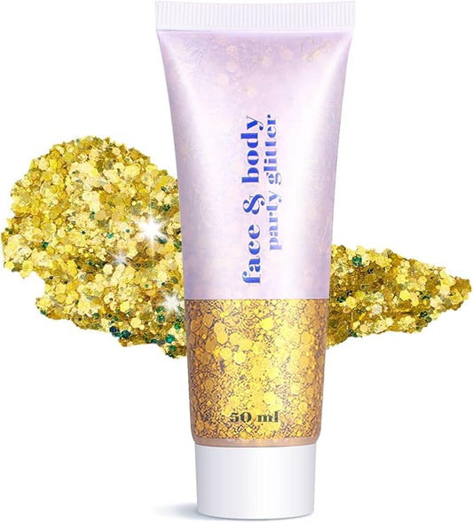 Body Face Glitter Makeup for Kids Women, Sparkly Chunky Hair Glitter, Mermaid Birthday Decorations Rave Outfits for Women (Gold Body Glitter)