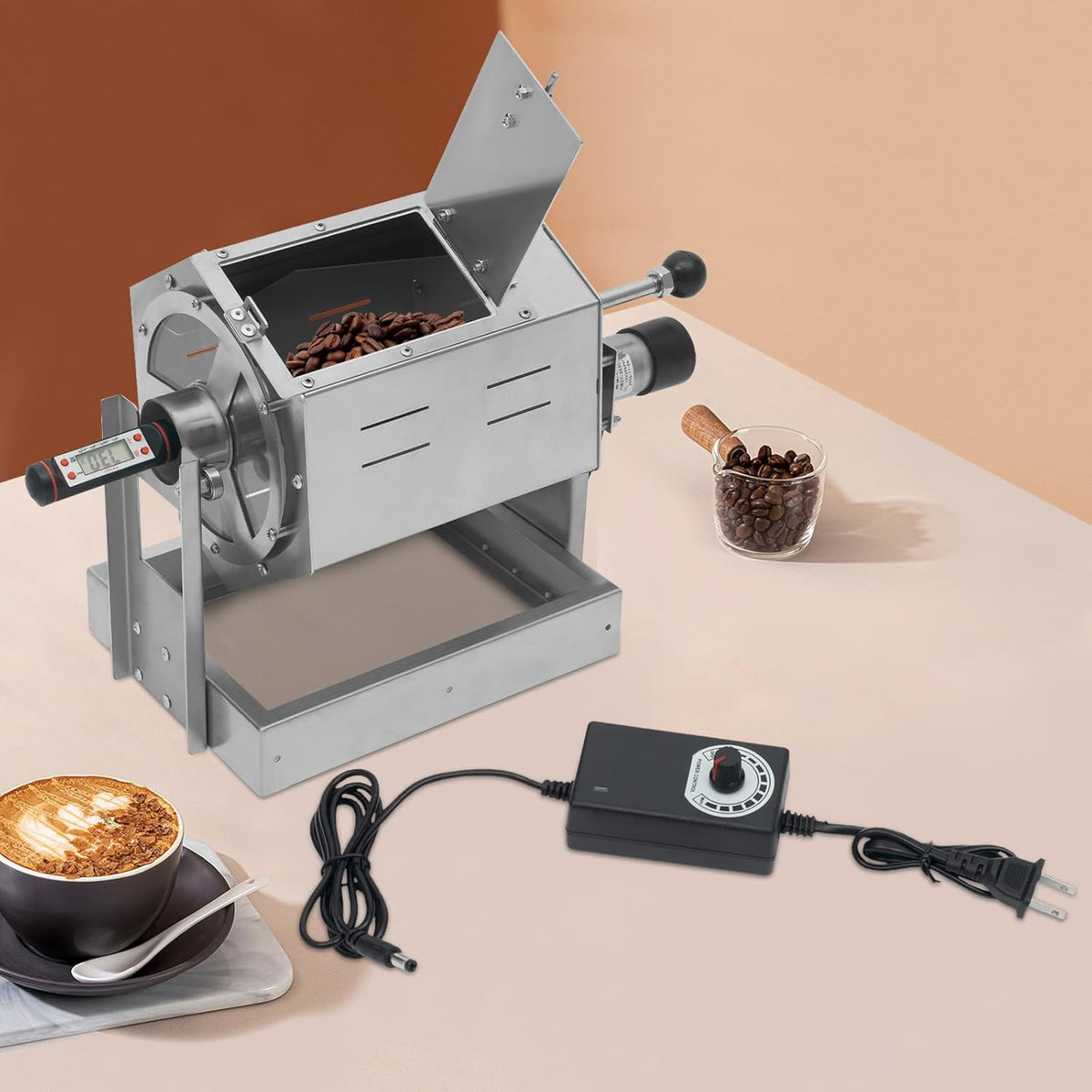0.66-2.65LBS Automatic Coffee Roaster for Home Use, Stainless Steel Electric Coffee Bean Roaster Machine with Glass Window+Thermometer, Drum Style Nuts Peanuts Roaster Silver