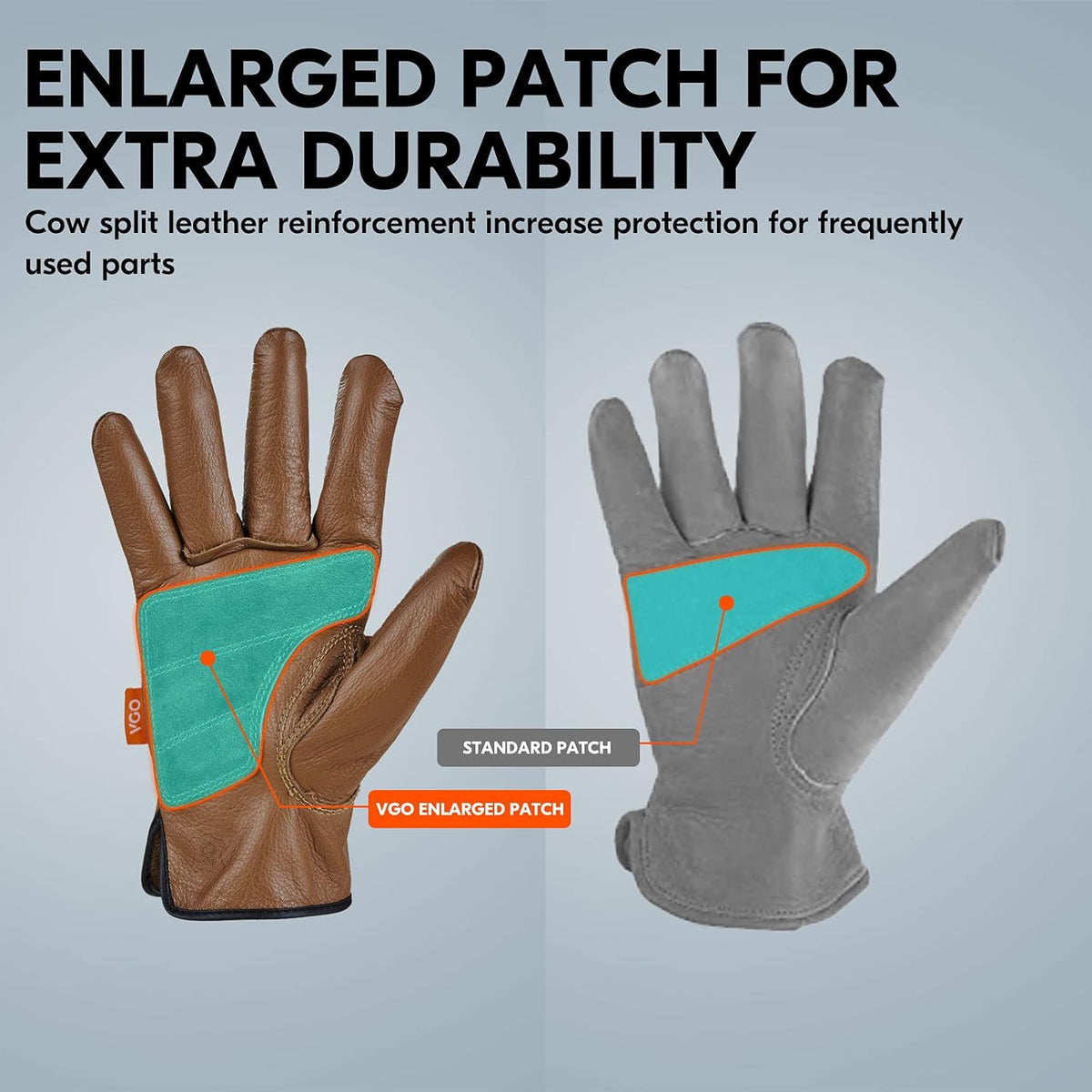 Vgo... 1-Pair Unlined Safety Cow Grain Leather Work Gloves Men, Rigger Gloves, Builder Gloves, Water Resistant, Palm Patched (Size XL, Brown, CA9597WP)