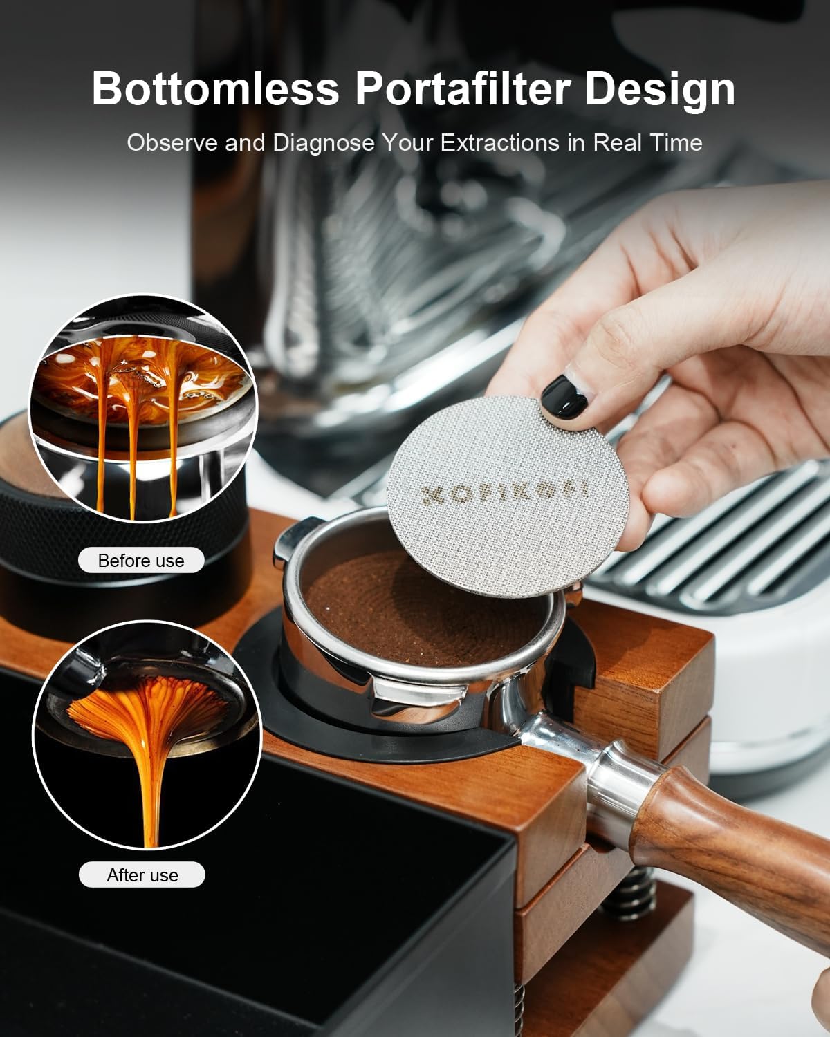 51mm Bottomless Portafilter 3 Ears Compatible with Delonghi Dedica EC680/EC685/EC885 and SMEG, EUPA Espresso Machines, Espresso Naked Bottomless Portafilter with Puck Screen and 18g Filter Basket-Wood